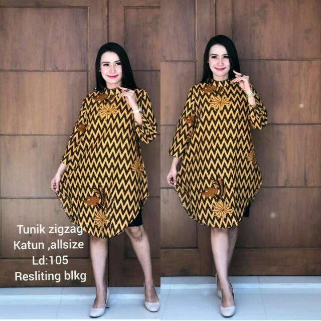 DRESS BATIK KUNING ZIGZAG / DRESS BATIK KERJA ONLINE