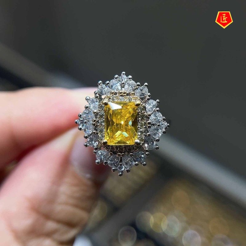 [Ready Stock]Women's Fashion Luxury Full Diamond Yellow Diamond Colored Gems Ring