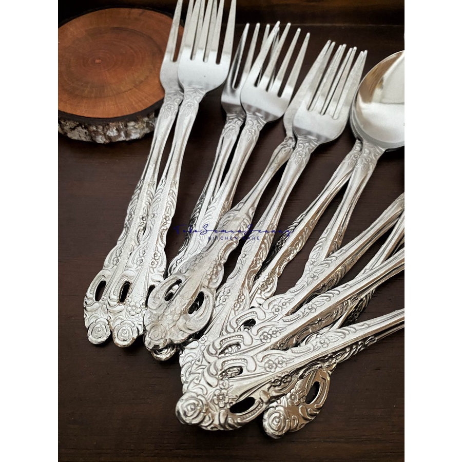 [BISA COD] PROMO Sendok Garpu Makan Motif Ukiran Wayang Isi 24 pcs Stainless Tebal Anti Karat Murah Terjangkau