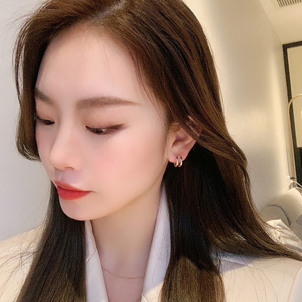 Needway  Trendy C Shaped Earrings Elegant Stud Earrings Hoop Earrings Tiny Korean Double Circle Alloy Retro Girl Fashion Jewelry/Multicolor