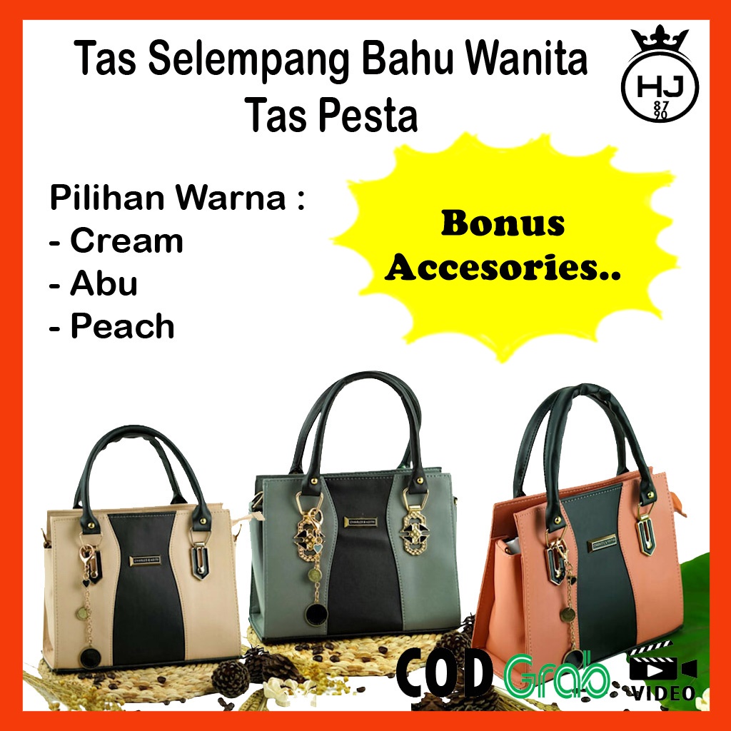 TAS SELEMPANG SLEMPANG BAHU WANITA TAS PESTA WARNA PEACH, ABU dan CREAM JAHITAN RAPI, TALI PANJANG B