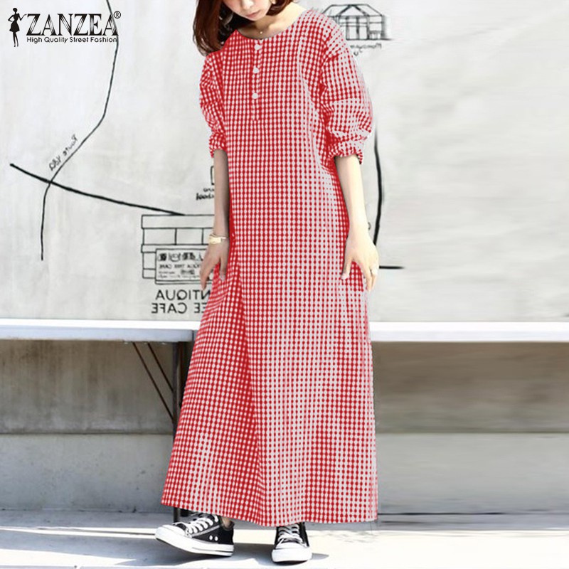 ZANZEA Women Grid Printed Button Down Front Long Sleeve Maxi Dress