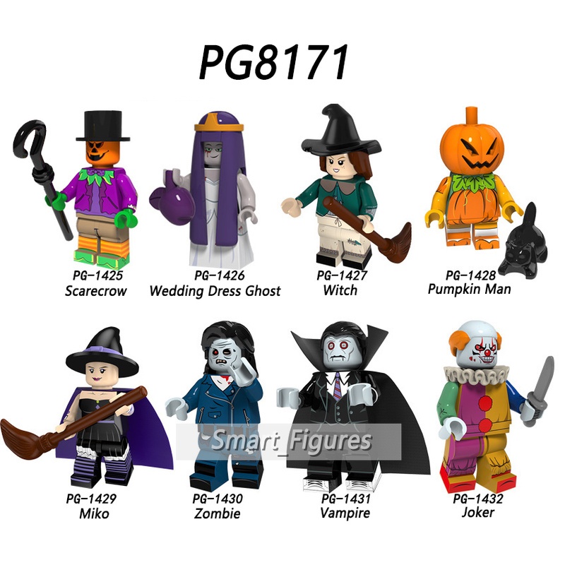 Pg8171 Mainan Action Figure Minifigures Seri Halloween Bentuk Labu / Orang-Orangan Sawah / Penyihir / Vampire / Joker