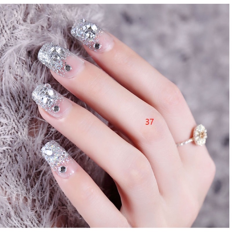 24PCS SILVER WEDDING FAKE NAILS KUKU PALSU PERNIKAHAN KUPAL PERKAWINAN RHINESTONE GLITTER FAKE NAILS