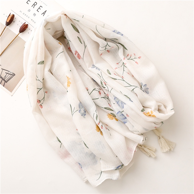 ITSFRIDAY RACHEL Scarf - Premium Pashmina Shawl Selendang Syal Pasmina Hijab Import Motif Jasmine Art White Soft Color Tassel