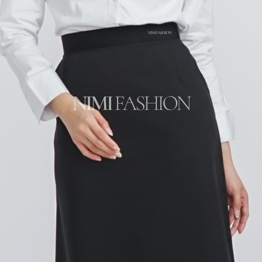 Rok Kerja Wanita Panjang Pinggang Karet Model A-line Formal Muslimah-Hitam