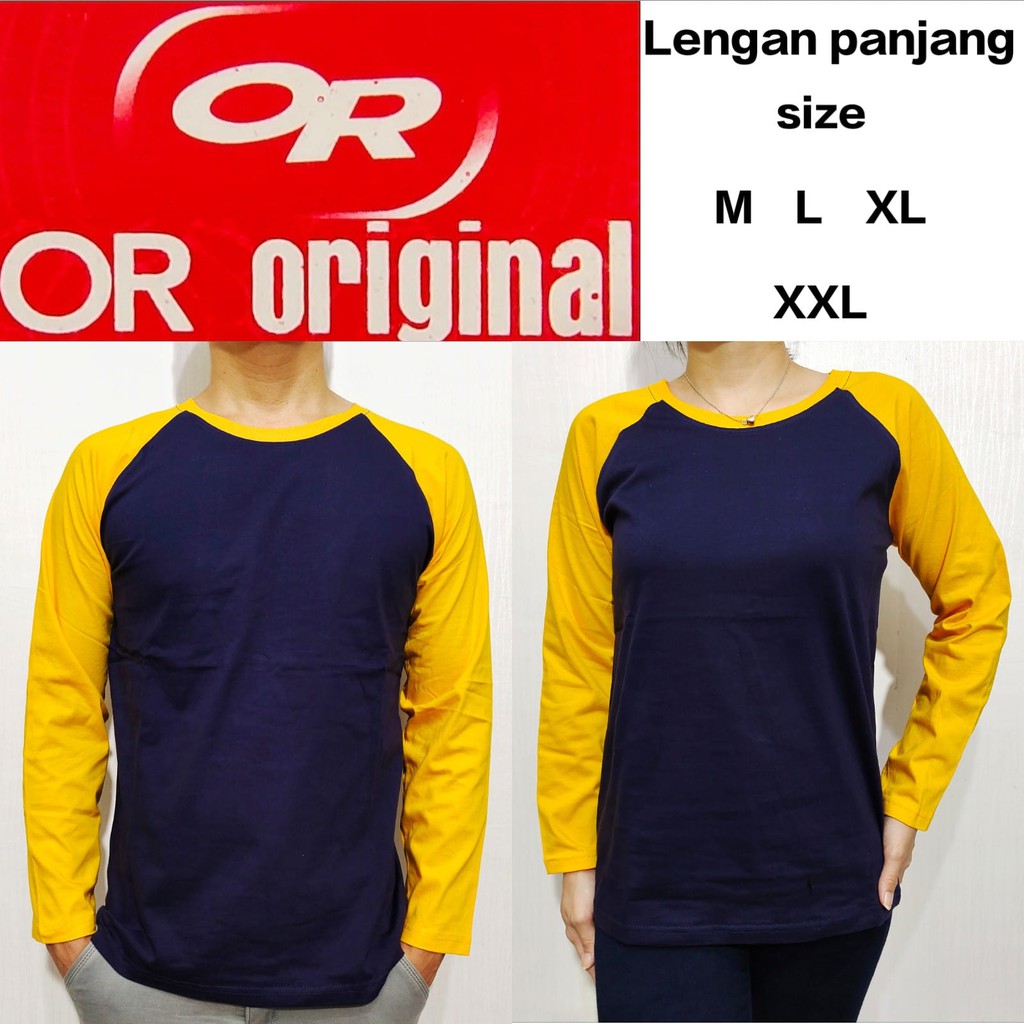 kaos polos raglan navy lengan kuning panjang M L XL XXL