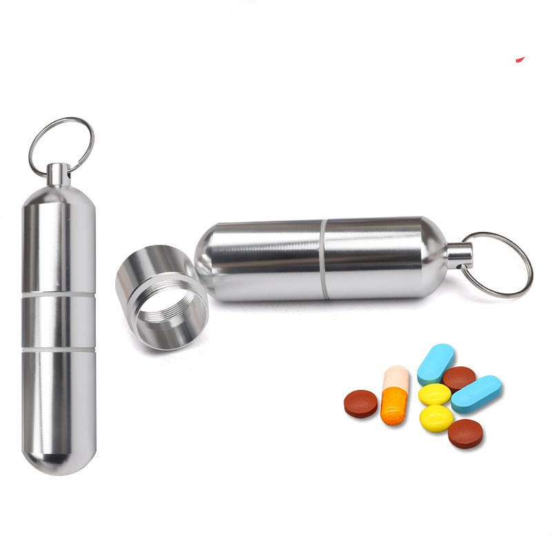 Pill Organizer Outdoor Dengan Gantungan Kunci Kotak Penyimpanan Fashion Aluminium Alloy Tahan Air Mini Seal Pill Box Portable Halus Novelty Metal Multifungsi Botol Pil