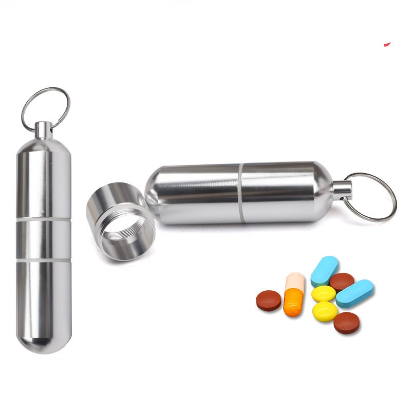 10Sizes Creative Aluminum Pocket Pill Container/ Capsule Shape Aluminum Pill Case/ Waterproof Delicate Seal Medicine Organizer Box With Keychain/ Travel Design Outdoor Waterproof Pill Drug Storage Box