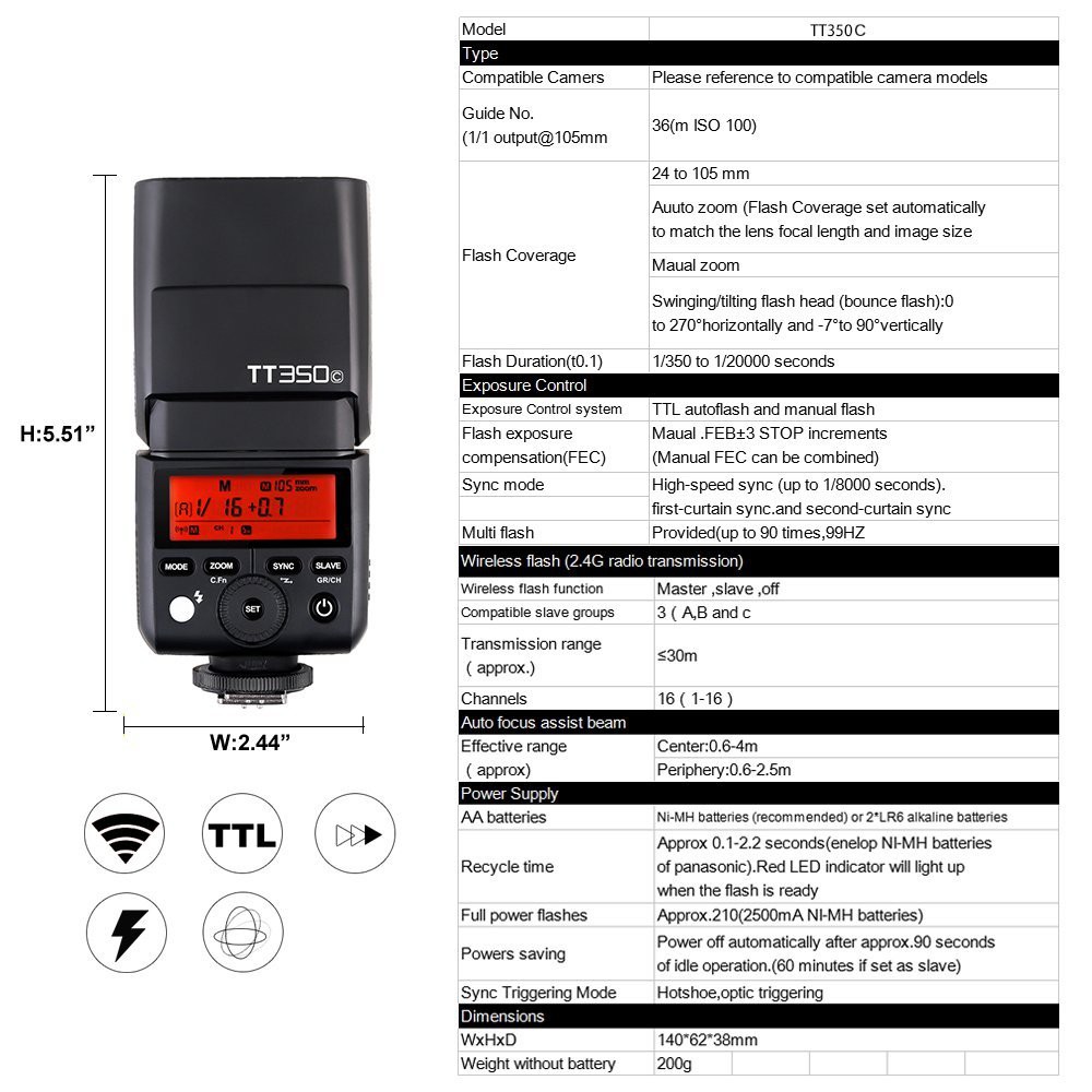 GODOX Thinklite TT350C / TT 350 C / TT 350 / Camera Flash Speedlite For Canon