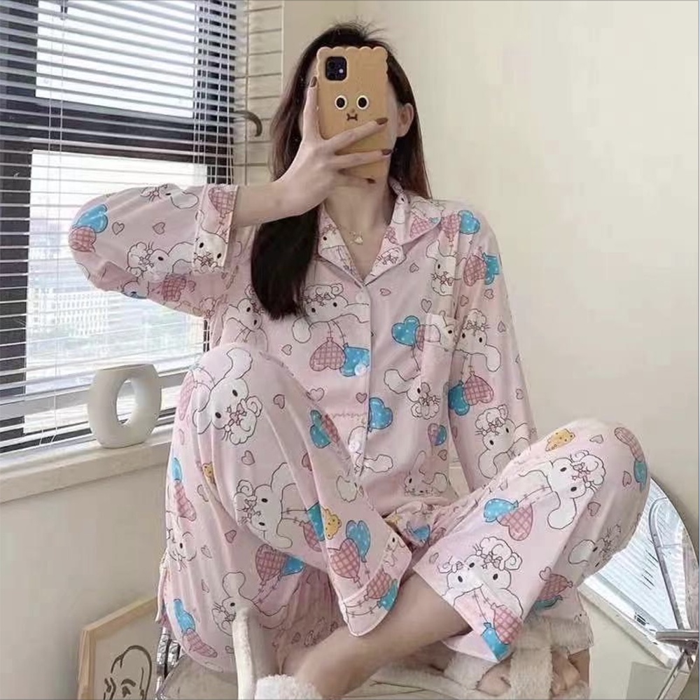 Piyama Baju Tidur Wanita PP Import Fashion Krah Kancing Lengan Panjang-7502