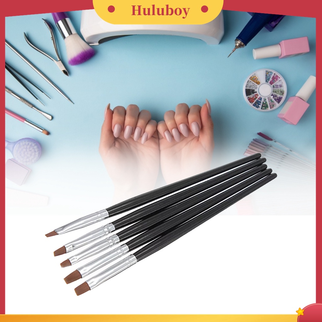 Huluboy Huluboy♡ 5pcs / Set Brush Nail Art Profesional Gagang Kayu Metal Anti Pudar Untuk Wanita