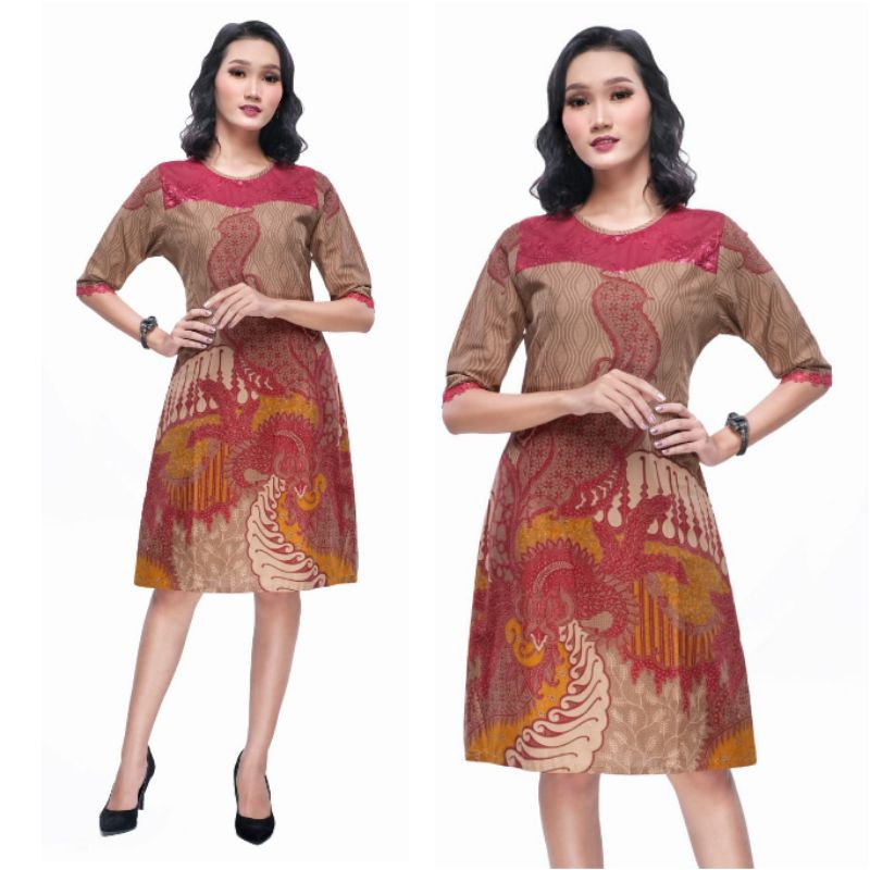 Dress Batik Wanita Jumbo Big Size Modern Kombinasi Brokat Terusan Batik Tunik M L XL XXL 4L 5L Lemgan ¾ ALS