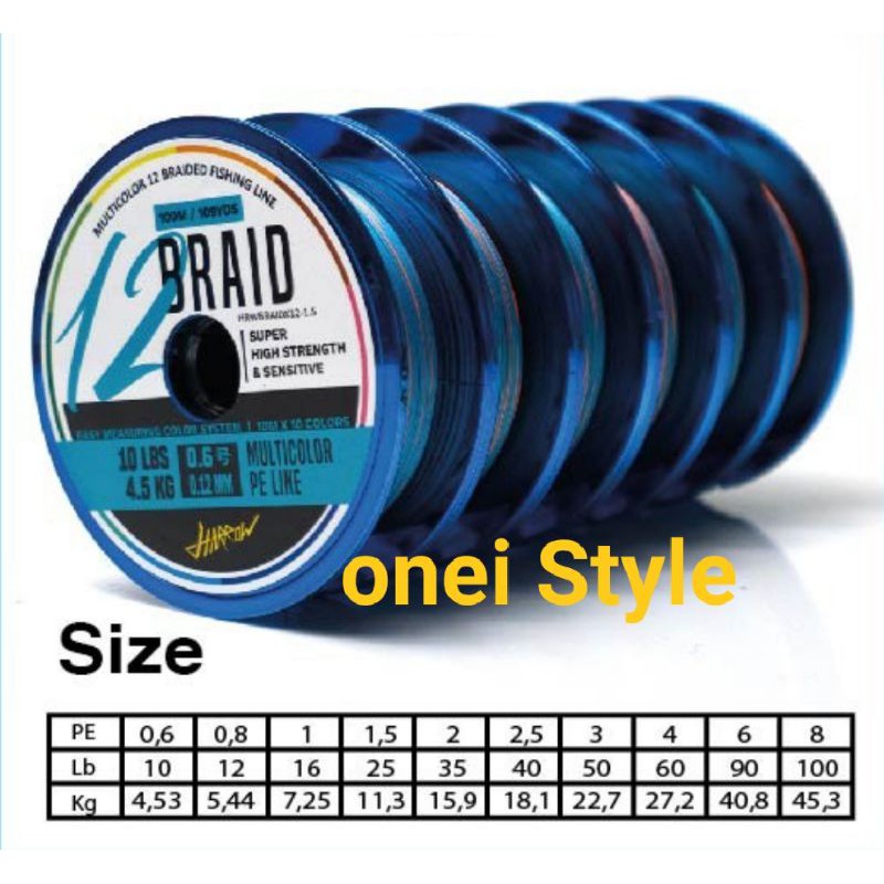 senar pancing PE X12 harrow multicolour connecting pe 0,6 0,8 1 1.5 2 2.5 3 4 5 6 8