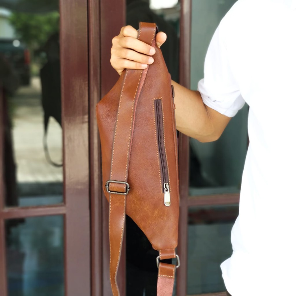 Tas Selempang Kulit Asli KENJI Sling Bag Tas Pinggang Tas Dada Waist Bag Cowok Pria Laki Pull Up