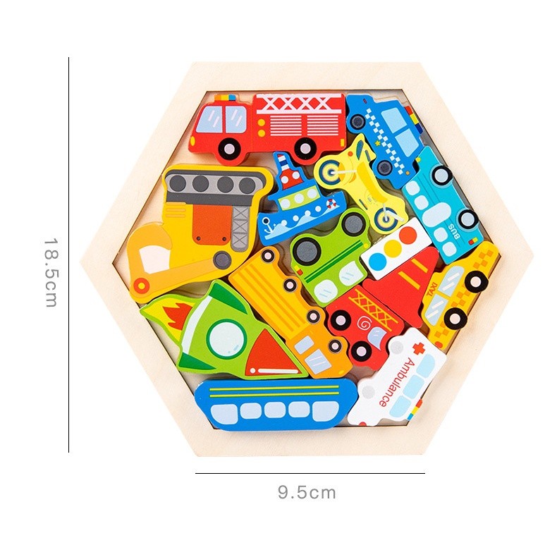 MAIN PUZZLE KAYU 3D HEXAGON - MENGENAL HEWAN, TRANSPORTASI, dsb