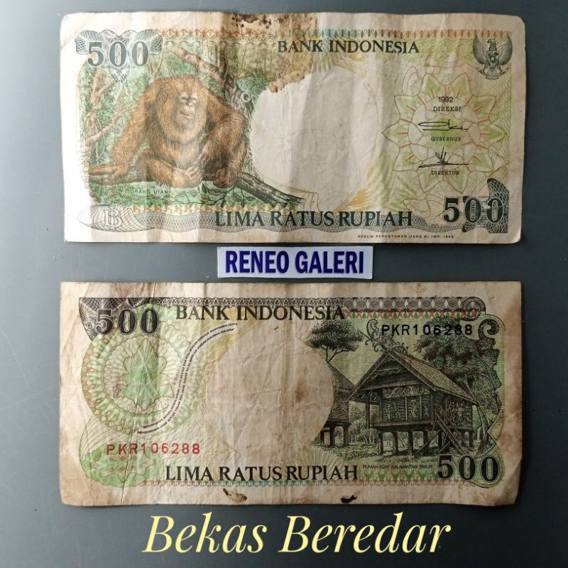 VF Asli 500 rupiah Otan Tahun 1992 orang utan monyet Duduk Rp uang kertas kuno pakai duit jadul lawa