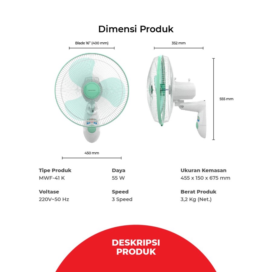 MASPION 16 inch Kipas Angin Dinding MWF-41K 100%Gulungan Tembaga