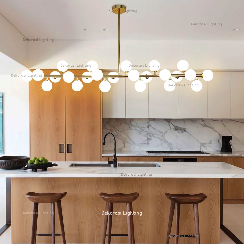 Lampu gantung gold panjang 150cm kaca susu meja makan meja island