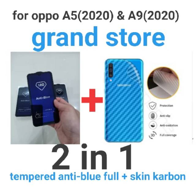 (2 in 1)Tempered glass Anti-blue full + skin karbon oppo A5(2020)&amp;A9(2020)