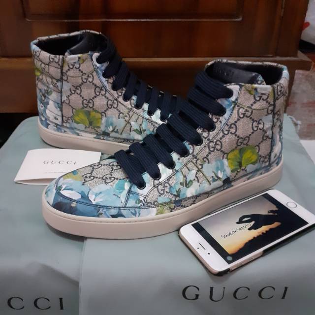 Gucci Men's Blooms High-Top Sneakers Coated Blue Original New