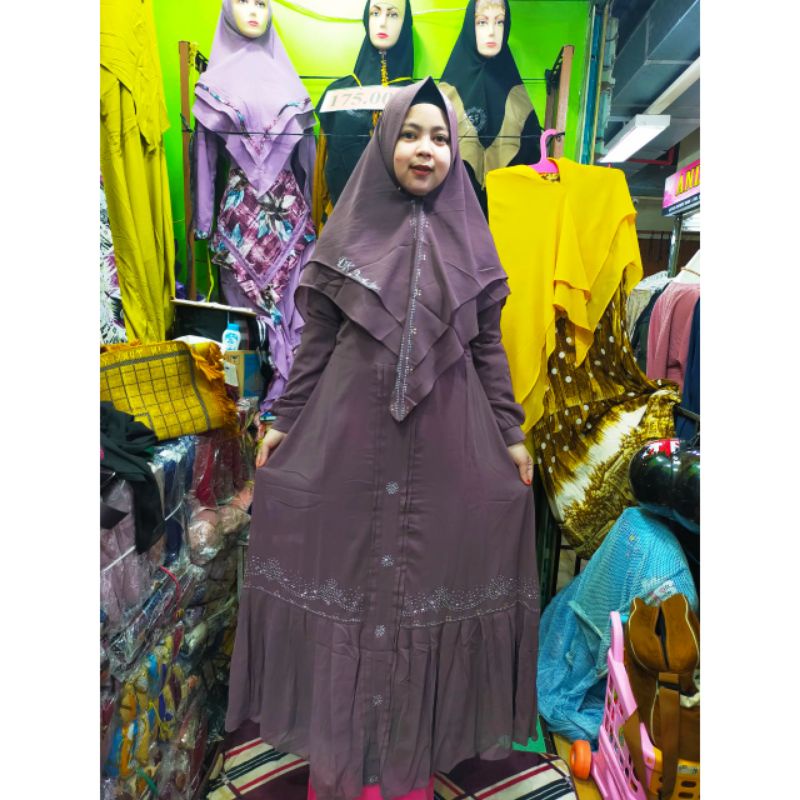 Gamis Syar'i Dk 045 Swarovski Full Polos Ceruty Babydoll Double PURING Busui Khimar Pet Antem  Set J