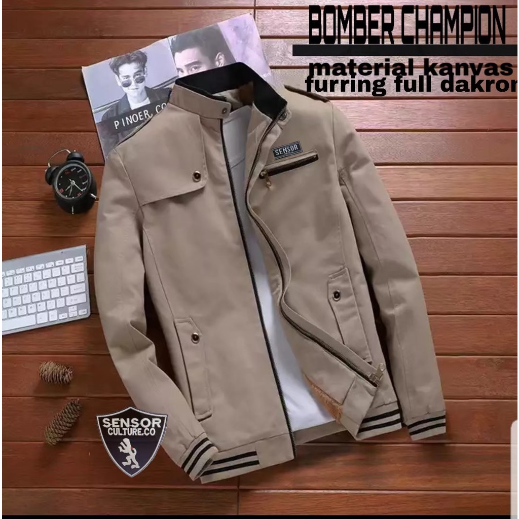 Jaket Bomber Pria / Jaket Bomber Canvas / Jaket Bomber Champion Original Sensor-CREAM