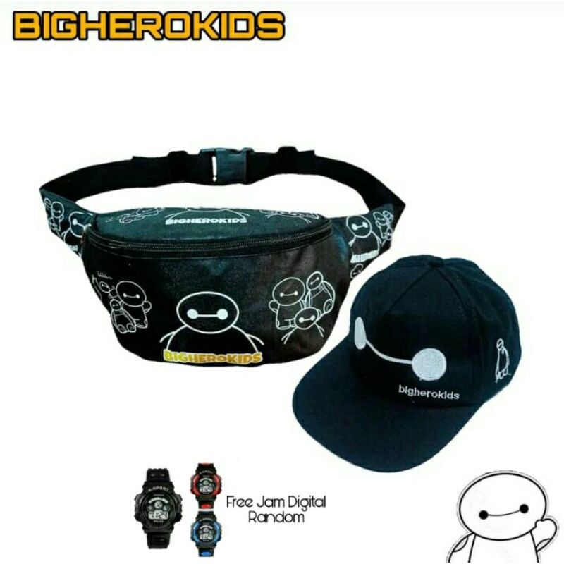 Paket 3in1 Tas Waist Bag anak Karakter Motif Baymax/free topi baseball bordir dan jam tangan