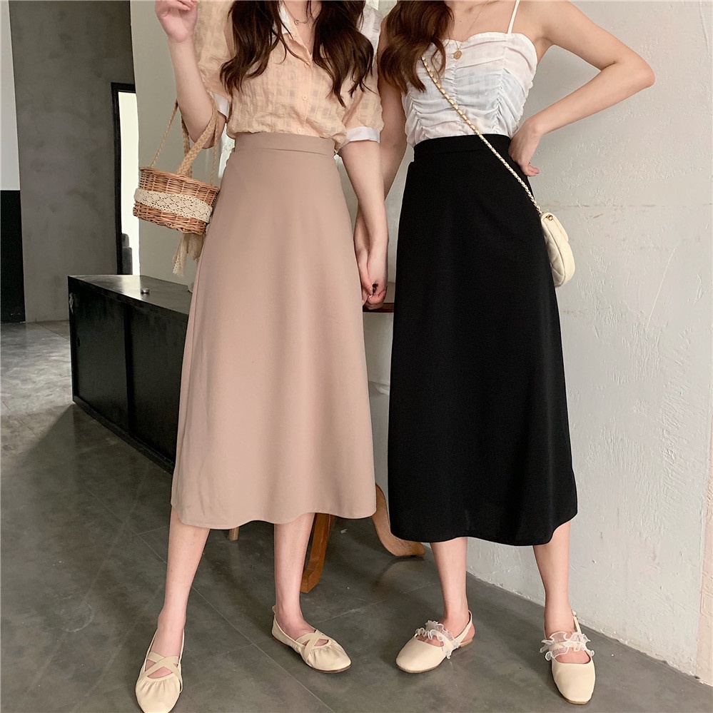 COD New 2022 Fashion Korea Women Black Apricot Blue Midi Skirts The New perangai Pinggang tinggi Tipis Padat warna mid-length ayunan besar rok A-line