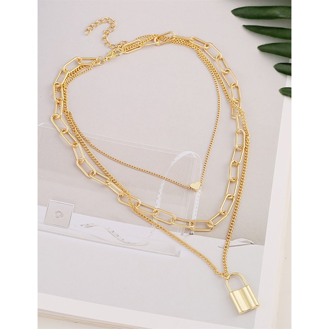 LRC Kalung Fashion Alloy Lock Heart Love Multi-layer Necklace  K43685