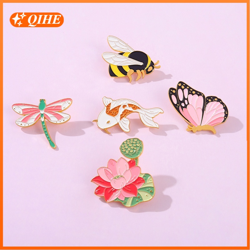 Bros Pin Enamel Desain Kartun Hewan Kupu-Kupu Capung Teratai Koi Untuk Anak