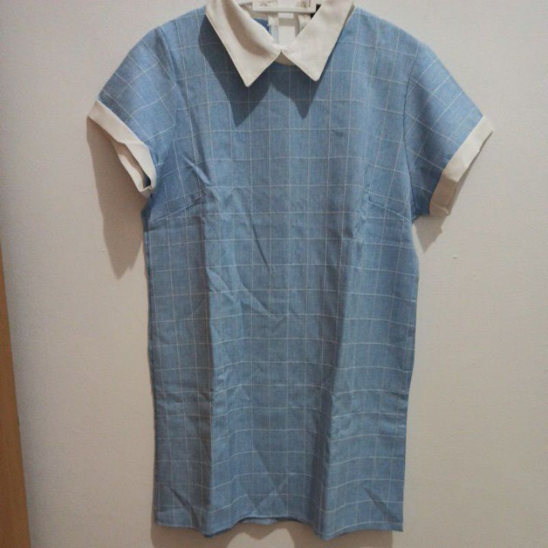 DRESS WANITA LUCU BIRU LAUT KERAH KOREA