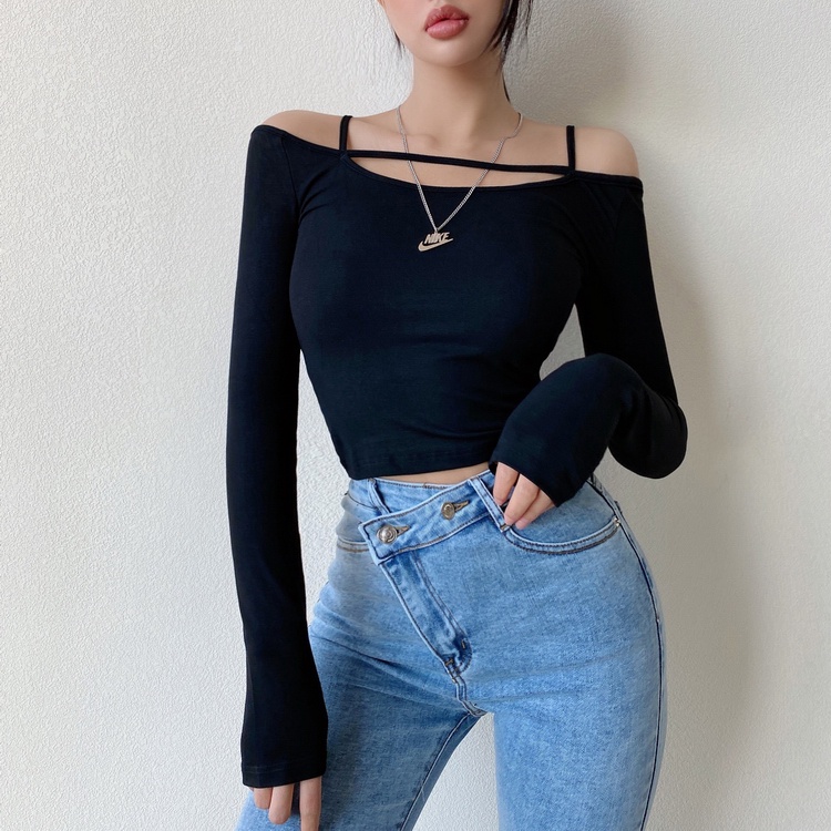 【LIVIAHOME】Original Design Twist Front Boat Neck Off-Shoulder Crop Tee 7293 (S-L)