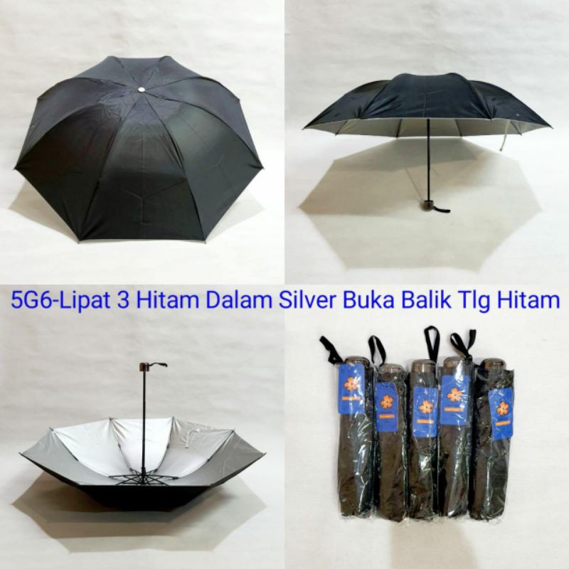 Payung Lipat 3 warna CAMPUR bawah Silver UV Protection Rangka Biasa bisa Sablon Custom