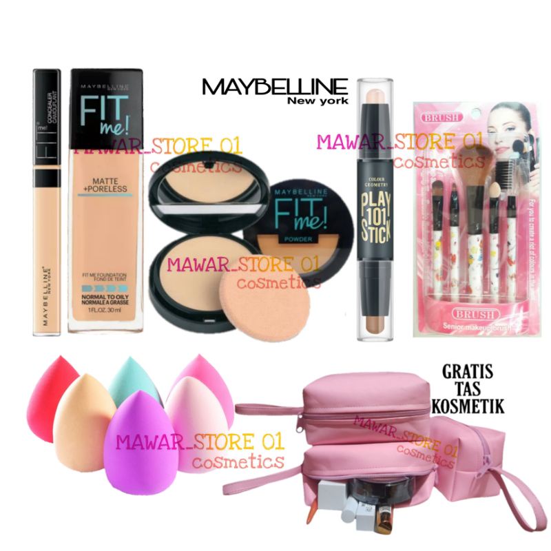 COD / Paket Kosmetik Maybelline Fit Me Bedak Basah Padat +  Contour Fondation Concealer + Kuas set + BB sepon + Free tas