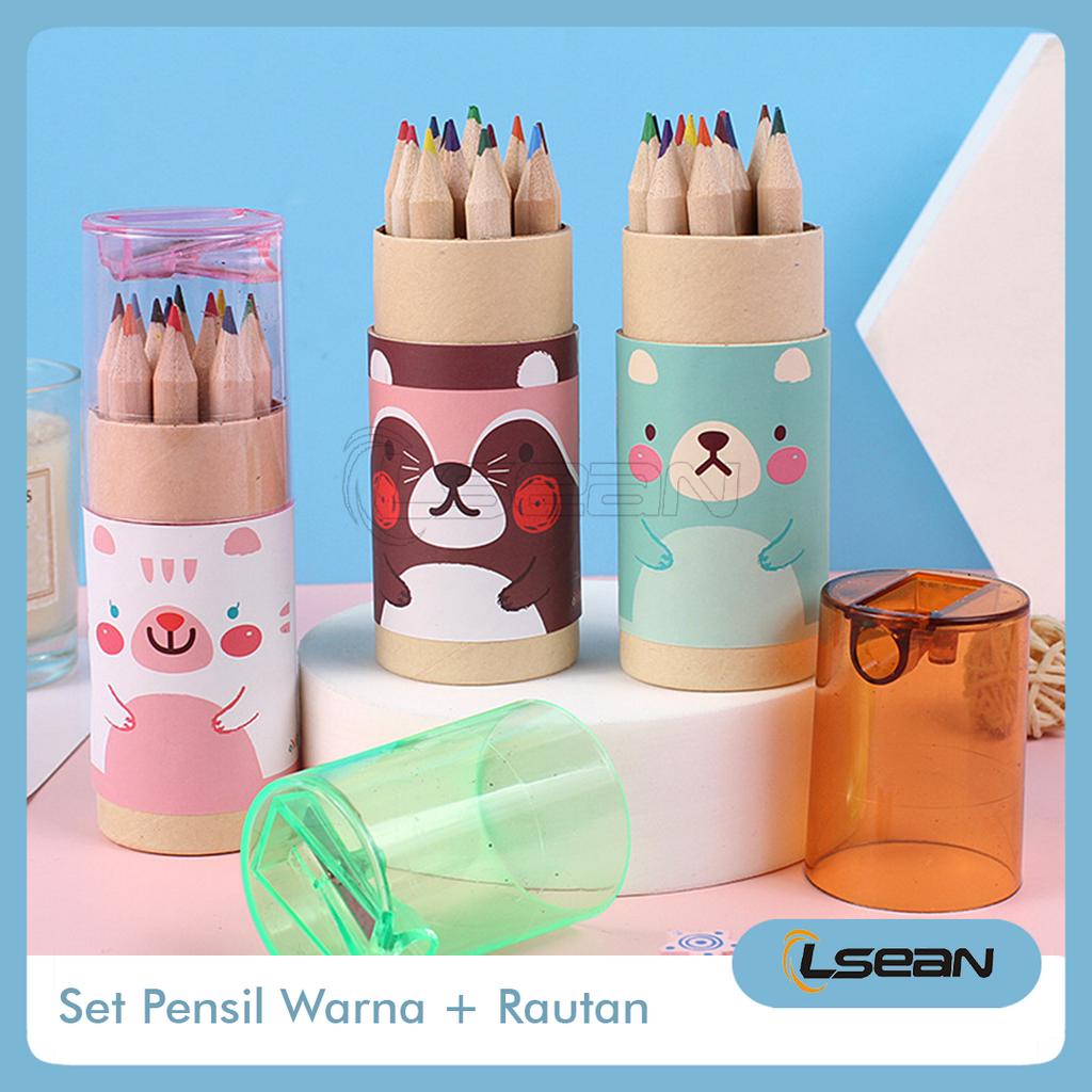 Set Pensil Warna Tabung Lucu Isi 12 Free Rautan Alat Mewarna