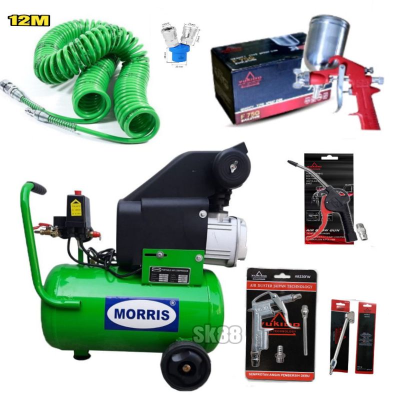 PROMO PAKET LENGKAP KOMPRESOR LISTRIK 9L FREE SELANG RECOIL - SPRAY GUN TABUNG ATAS - AIR CHUK - AIR DUSTER - COUPLER CABANG DUA