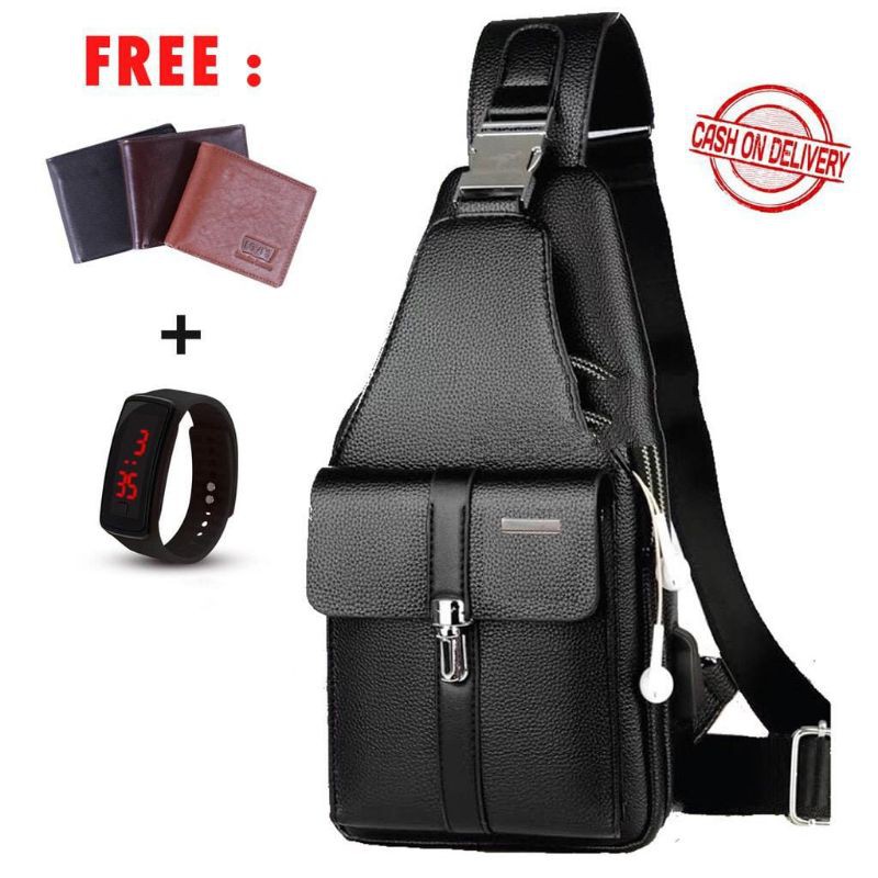 Tas Selempang Pria Kulit Murah Anti Air - Danil Bag bonus Dompet + Jam Tangan LED/Headset