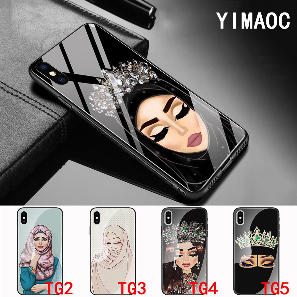 Casing Tempered Glass Motif Wanita Berhijab Kartun Untuk Huawei P20 P30 Lite Pro Honor 8X 9 10 Lite