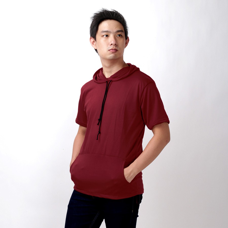 Baju Kaos Tshirt Hoodie Pria Lengan Pendek Bahan Terry Polos dengan Kantong
