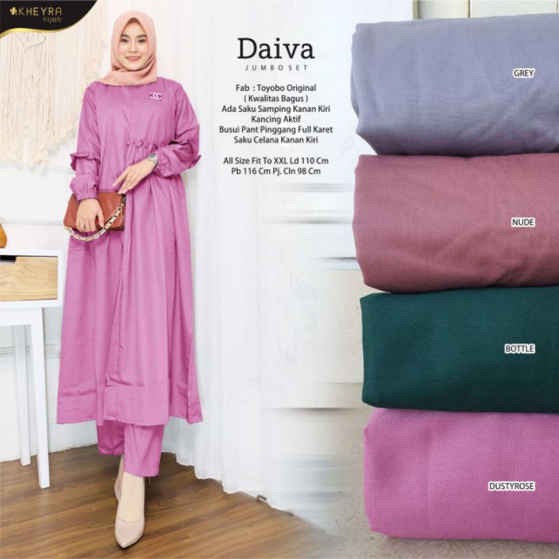 DAIVA JUMBO SET SETELAN ONE SET SETCEL TUNIK PANTS MUSLIMAH JUMBO CASUAL POLOS TOYOBO ORIGINAL LD 11