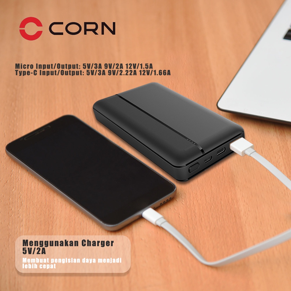 CORN DW019 Bank Daya 20W 10000mAh Powerbank Pengisian Cepat Ultra Tipis Ultrathin Body Dual Input Port Type C &amp; Micro USB Quick Charge 3.0 Fast Charging Real Capacity -Garansi Resmi 1 Tahun