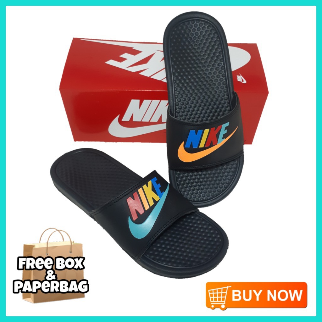  SANDAL  NIKE  SPORT GRADE ORIGINAL SLIDE HITAM LOGO RAINBOW 