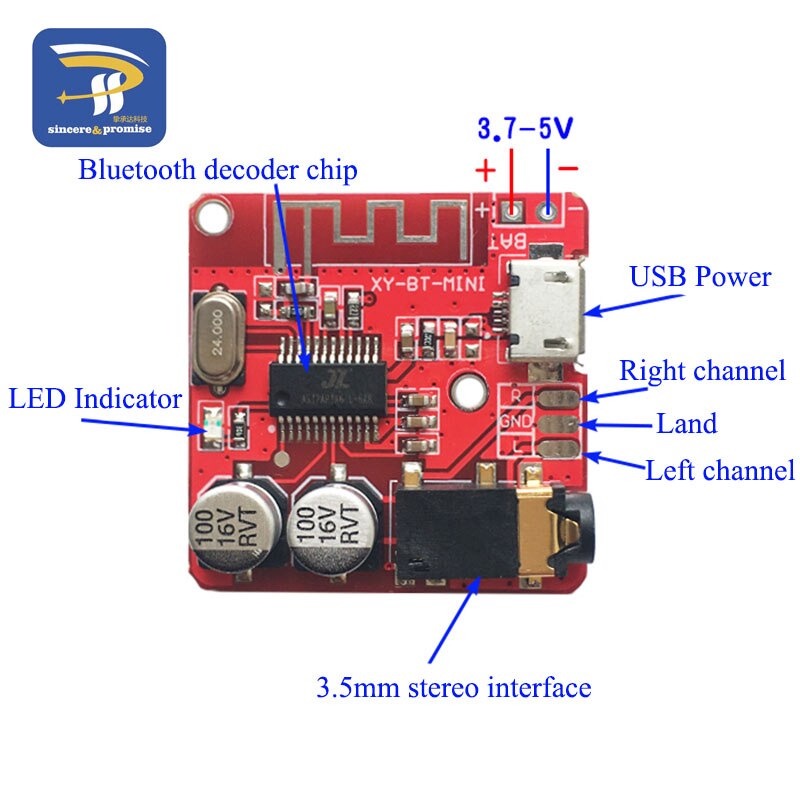 TCXRE Bluetooth Audio Receiver 5.0 Lossless Decoder Board 3.7-5V - XY-BT-MINI - Red