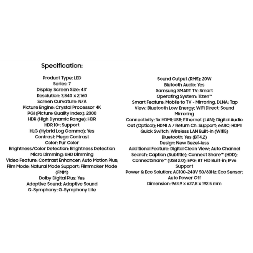 SAMSUNG Crystal UHD 4K PurColor Smart TV 43 Inch -UA43AU7002K
