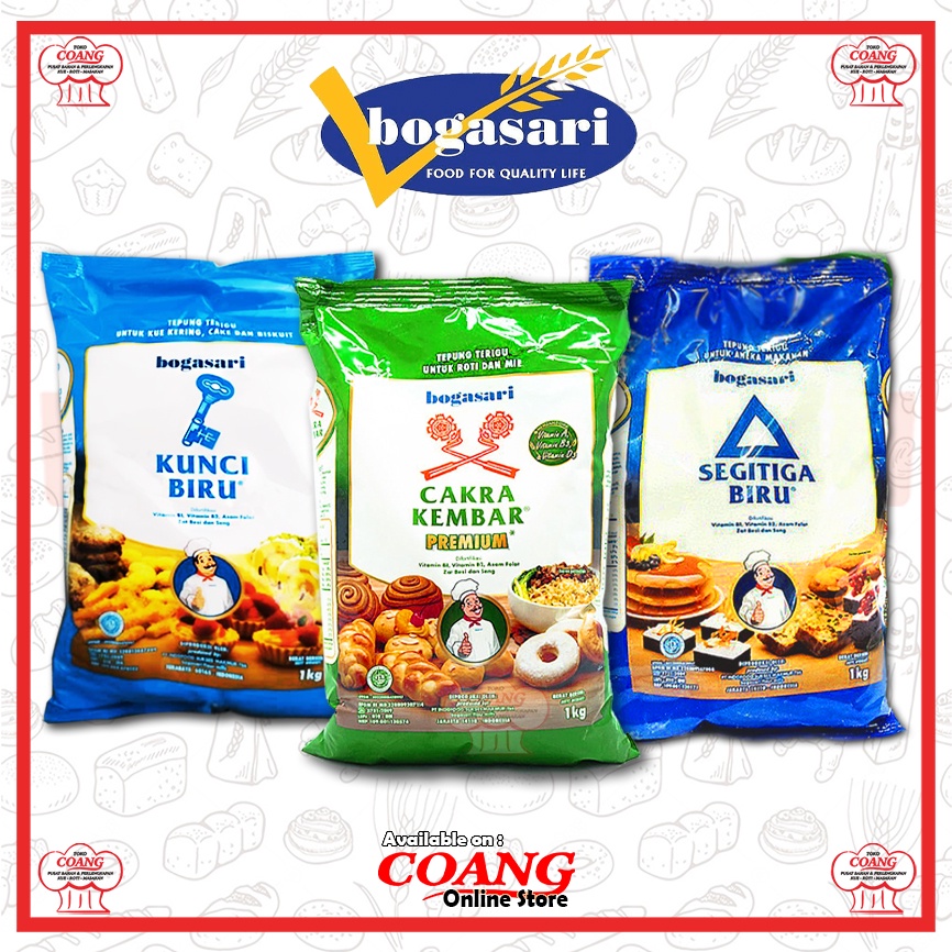 

TEPUNG TERIGU BOGASARI 1 KG - CAKRA KEMBAR - KUNCI BIRU - SEGITIGA BIRU