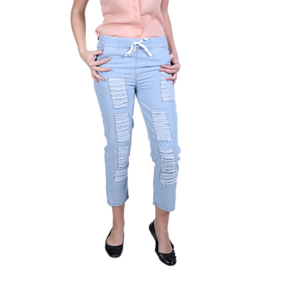 Celana Jogger Jeans Cewe Sobek Tidak Tembus Biru Muda Celana Jogger Jeans Cewe Sobek Tidak Tembus Biru Muda