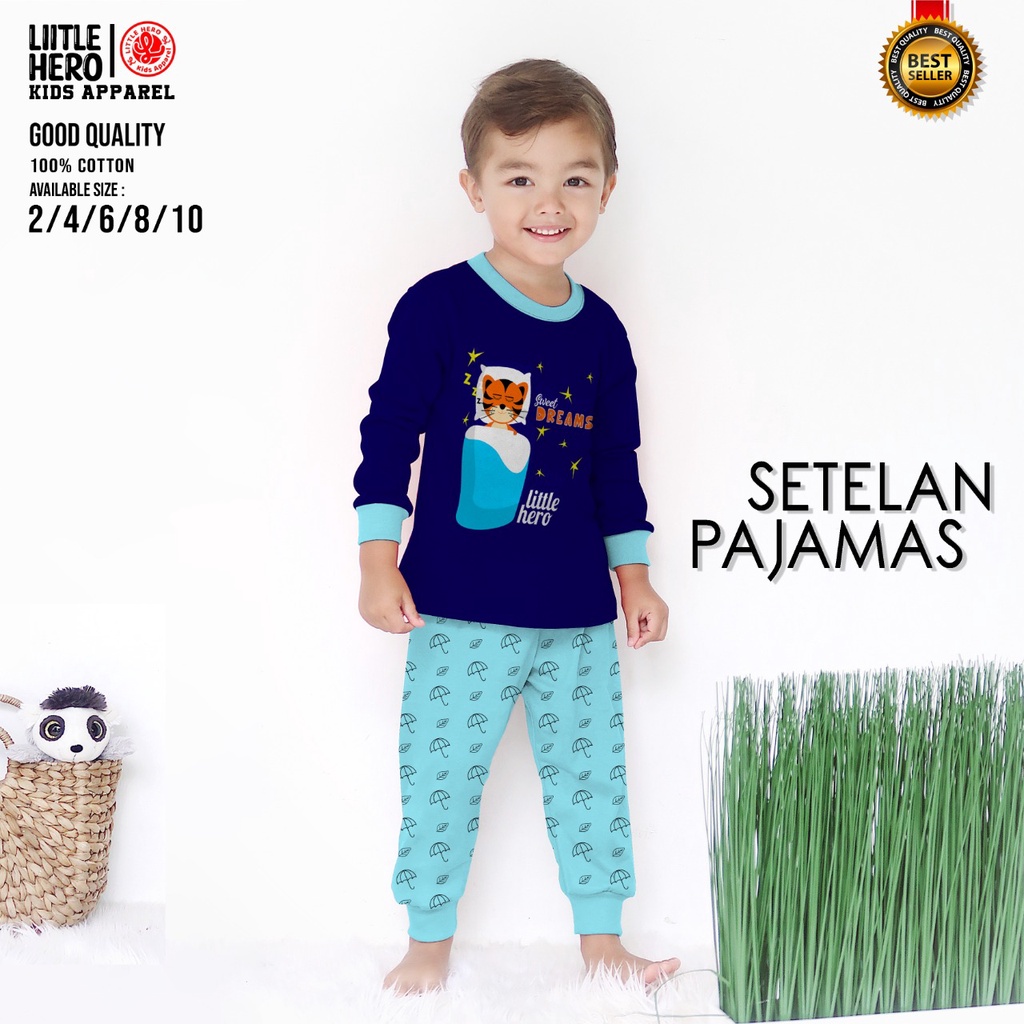 PIYAMA ANAK MEREK LITTLE HERO AND MISEL 2-8 TAHUN BAHAN KATUN SOFT 24'S SABLON RUBBER ANTI PECAH