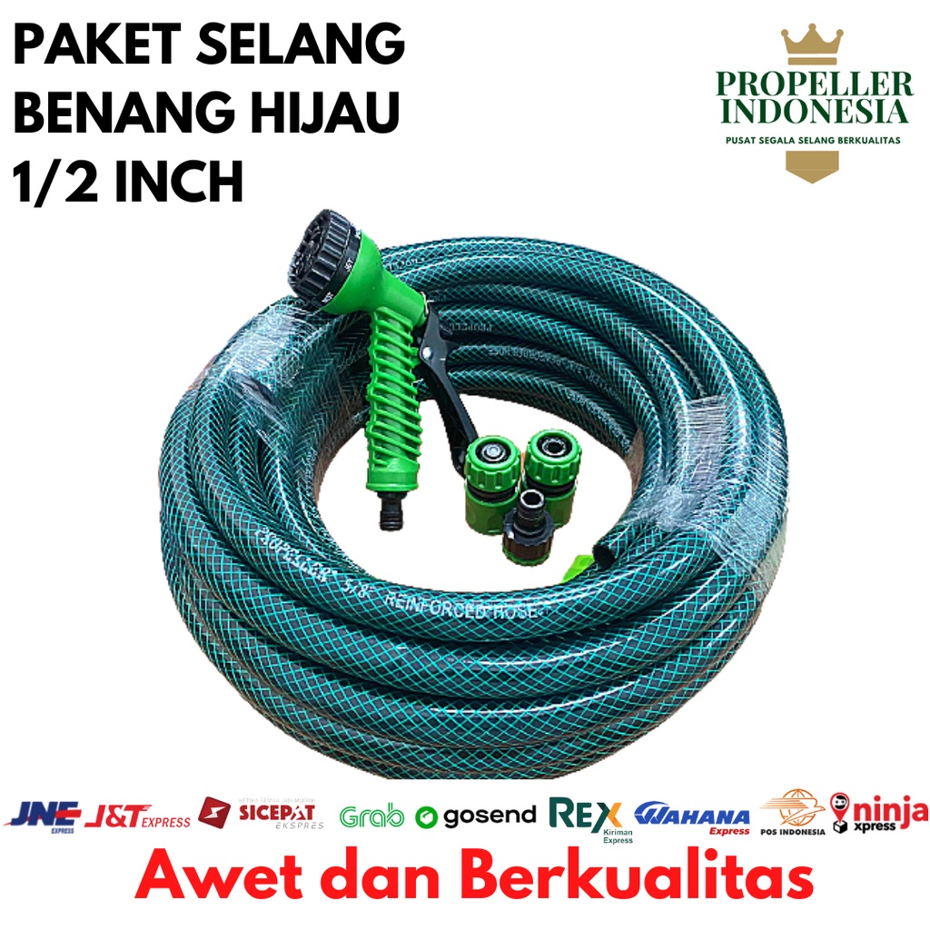 Selang Air 1/2 Paket Hijau Variasi Bengkok 15M Selang Air Taman Selang Siram Tanaman