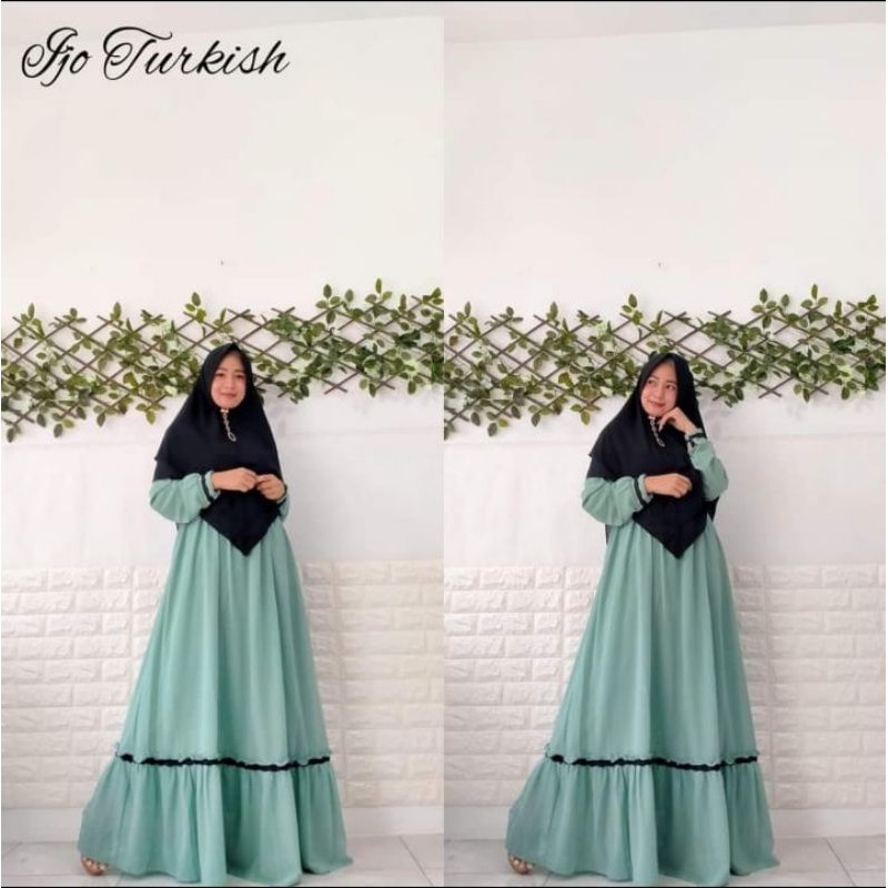 Gamis syari ceruty babydoll ultimate serut hijau turkish arraffa